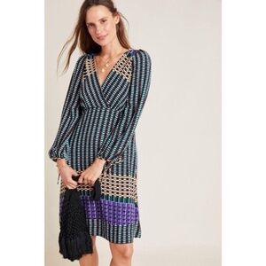Anthropologie Maeve Gianna Tunic Dress Tie Sleeves Geometric Pattern Women's 6